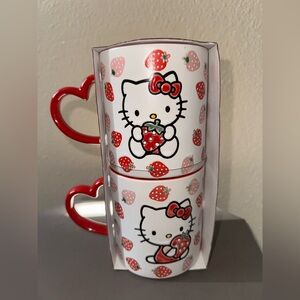 Hello Kitty Set Of 2 Heart Handle Mugs Pink & Red Strawberries Ceramic Large NWT